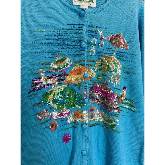Quacker Factory Sz Small Blue Cardigan Sweater Summer Sequin Coastal Beach - Picture 2 of 8